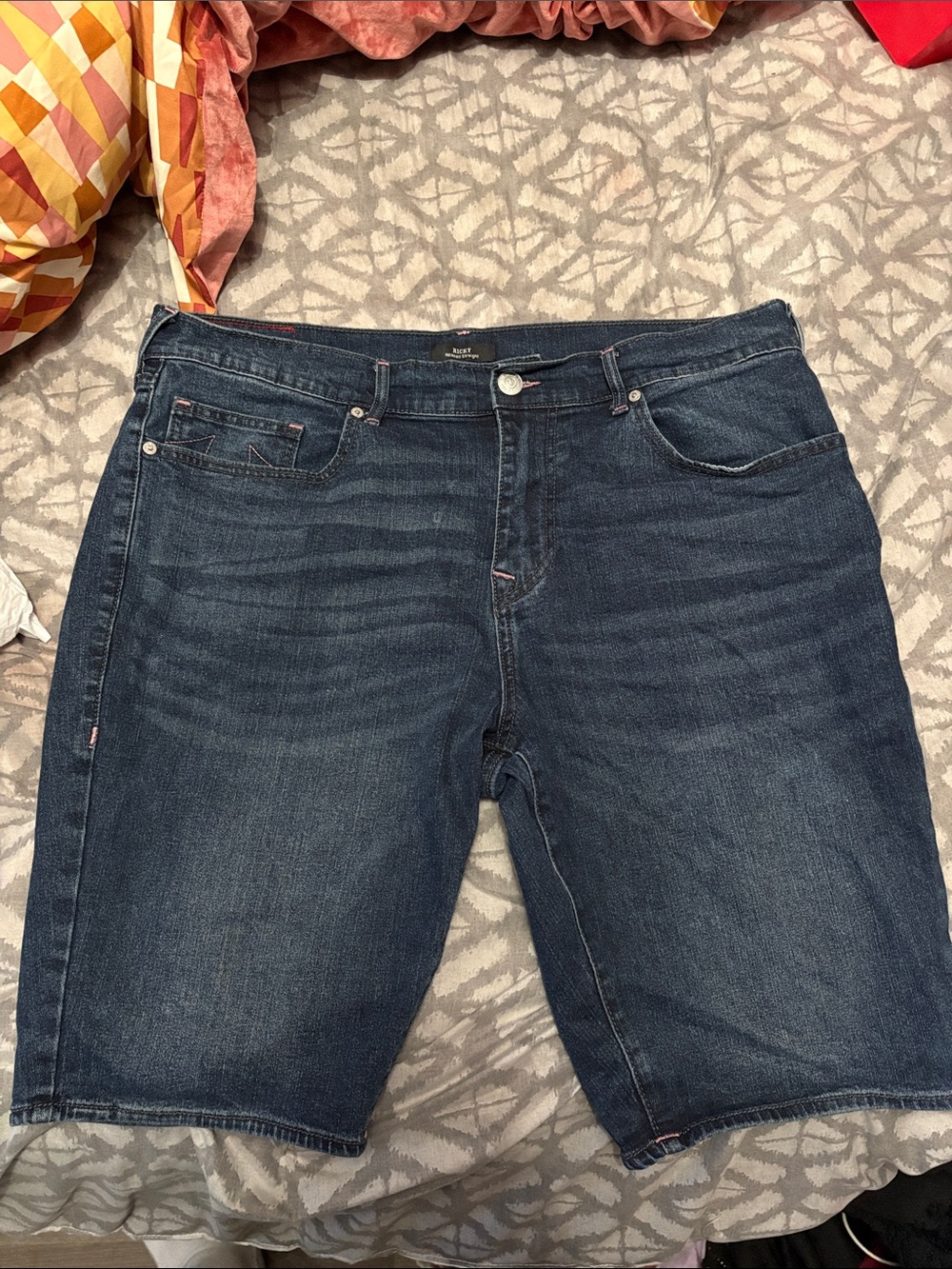 True Religion Dark Indigo Denim Shorts with Pink Stitching